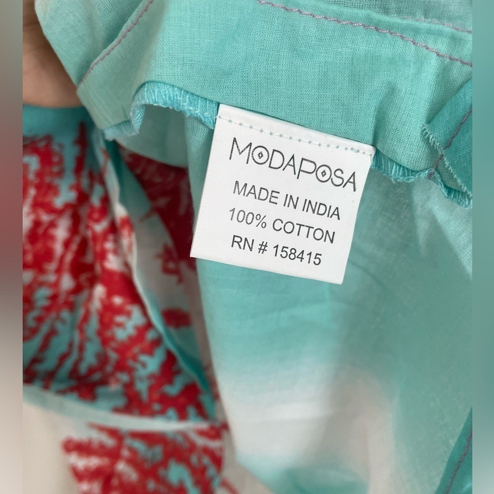 Modaposa Red Coral Print Cotton Button Down Shirt Turquoise XL Coastal Vacation - Picture 4 of 6